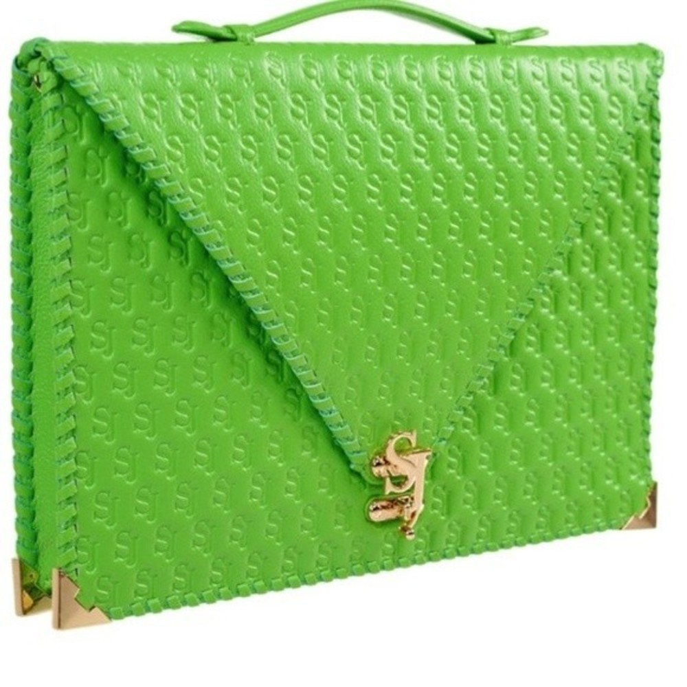 Sassy Jones Neo Green Embossed Leather Laptop Case Oversized Envelope Clutch NEW - Picture 6 of 9